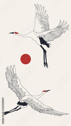 Pastel vintage poster. Hand drawn illustration with cranes and sun. Vector background in Japanese style for decoration, booklet design, typography.