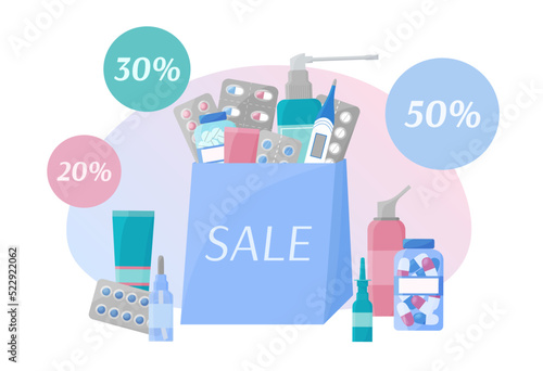 Pharmacy Sale vector banner. Purchase of medicines concept. Pharmacy products in bag and discount percents. Set of piles, capsules, sprays. Flat illustration