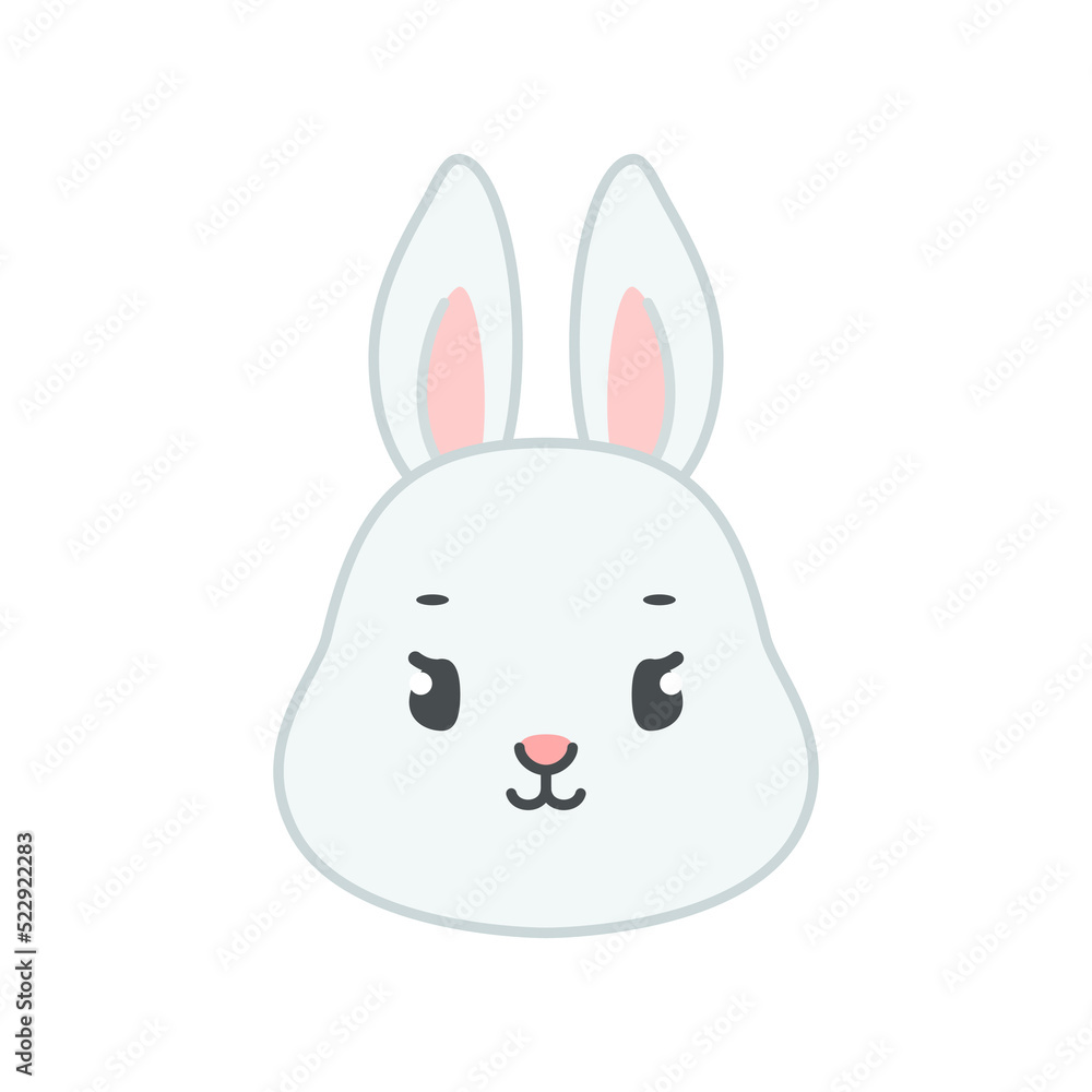 Fototapeta premium Cute bunny face. Flat cartoon illustration of a little gray rabbit isolated on a white background. Vector 10 EPS.