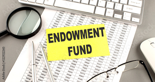 ENDOWMENT FUND text written on a sticky on chart with keyboard and magnifier photo