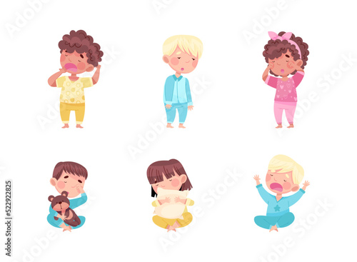 Sleepy Little Boy and Girl Wearing Pajamas Stretching and Yawning Vector Set