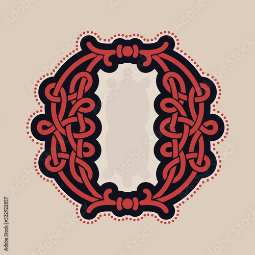Number zero logo with Celtic knots, spiral lines, and red dots. Dim colored medieval initial.