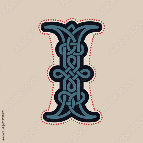 Number one logo with Celtic knots, spiral lines, and red dots. Dim colored medieval initial.