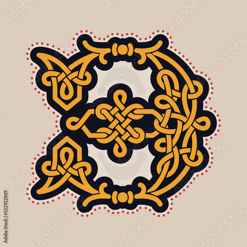 Number three logo with Celtic knots, spiral lines, and red dots. Dim colored medieval initial.