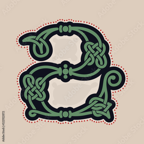 Number two logo with Celtic knots, spiral lines, and red dots. Dim colored medieval initial.