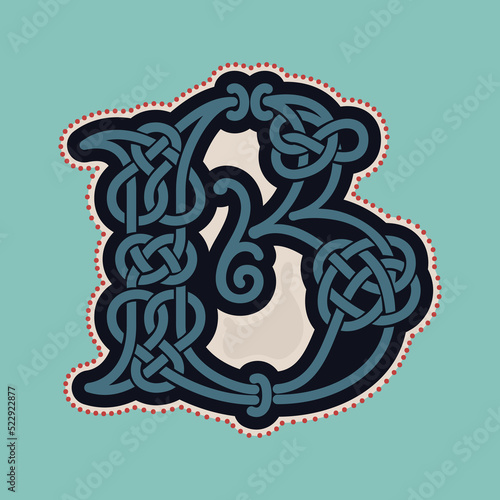 B letter logo with Celtic knots, spiral lines, and red dots. Dim colored medieval initial.