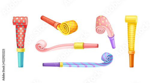 Bright Party Whistle as Birthday Toy and Accessory for Blowing and Making Sound Vector Set