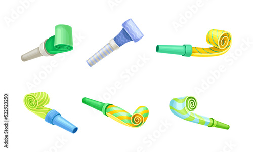 Bright Party Whistle as Birthday Toy and Accessory for Blowing and Making Sound Vector Set