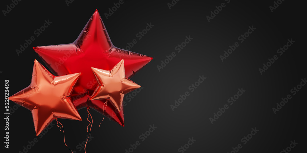 Bunch of foil balloons and space for text against black background. Star shaped red balloons 3D rendering banner. Bunch of foil balloons and space for text against black background. Star shaped red balloons 3D rendering banner.