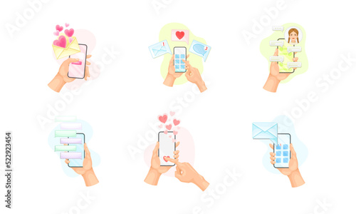 Hand with Smartphone Using Chat Software Text Messaging Vector Set
