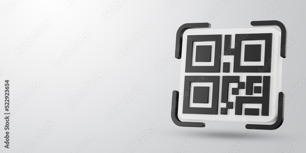 3D QR code icon and space for text against light background. 3D rendered digital symbol. 3D QR code icon and space for text against light background. 3D rendered digital symbol.