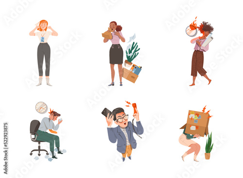 Stressed out Office Employees Overwhelmed with Loads of Duties and Multitasking Vector Illustration Set