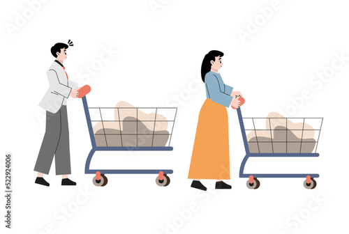 Person pushing shop cart full of bags with groceries. Man and woman walking with shopping trolley. Profile of buyer going with supermarket trolly. Flat vector illustration of shopper isolated on white