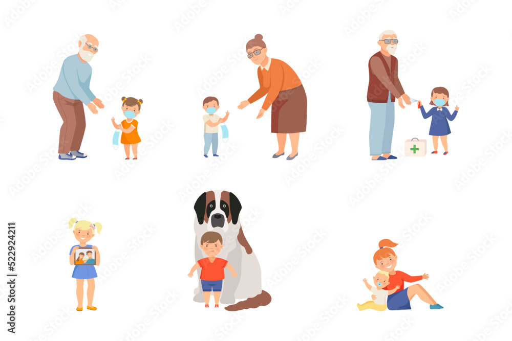 Cute Little Children Loving and Protecting Their Family Members Vector Set