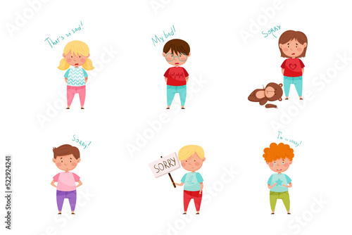 Guilty Little Boy and Girl Saying Sorry and Apologizing for Misbehave Vector Set