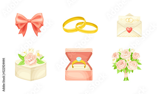 Wedding Golden Ring, Envelope with Invitation Card and Flower Bouquet Vector Set
