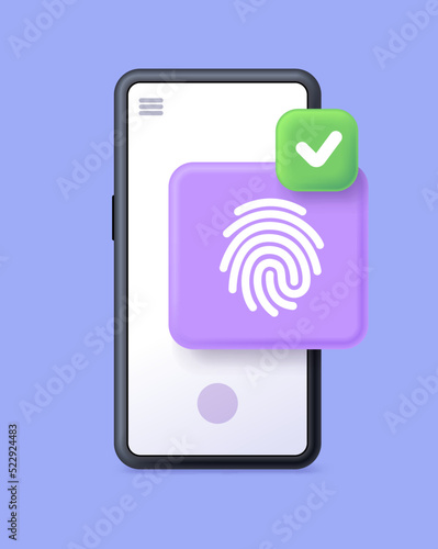 3D Phone and fingerprint scanning illustration. User authorization, sign in to account, authentication page. fingerprint login. Concept of biometric authorization. Cyber security. Vector illustration