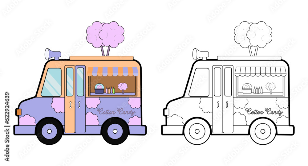 Coloring book. Cartoon funny truck moving on the road selling candy ...