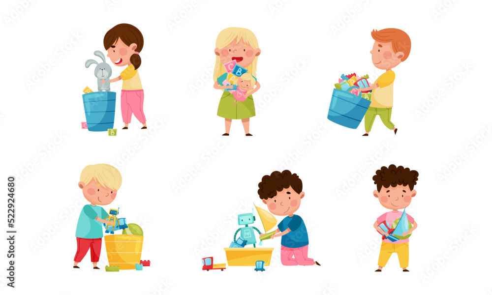 Happy Children Playing Toy in the Nursery Vector Illustration Set