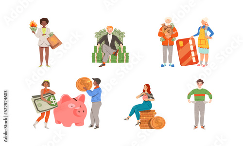 People with Money Coins and Dollar Banknotes as Financial Success Gaining Vector Illustration Set
