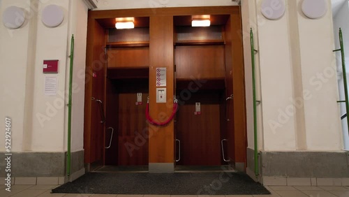historical Paternoster lift (Paternoster vytah)Brno,Czech,Europe,paternoster is a passenger elevator which consists of a chain of open compartments that move in a loop up and down without doors