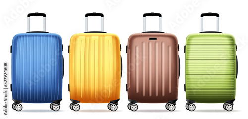 Travel bag luggage vector set design. Travelers 3d baggage collection for vacation trip elements in white isolated background. Vector Illustration.