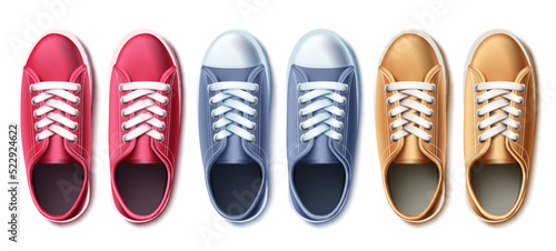 Travel shoes vector set design. Traveler sneakers for casual trend footwear collection isolated in white background. Vector Illustration. 