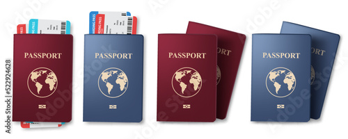 Travel passport vector set design. Plane ticket and passport collection for holiday vacation travelling elements. Vector Illustration.