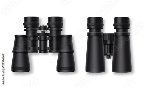 Travel binoculars vector set design. Telescope collection for traveler adventure watching from distance view. Vector Illustration.