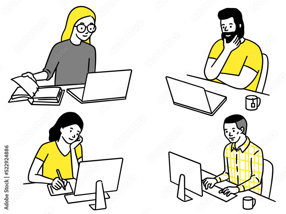 Cute character illustration of diverse man and woman working in workplace with computer laptop and desktop. Outline, linear, thin line art, hand drawn sketch design. Cute character illustration of diverse man and woman working in workplace with computer laptop and desktop. Outline, linear, thin line art, hand drawn sketch design.