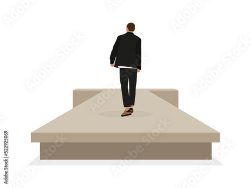 Young male character walking on a catwalk on a white background