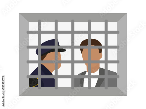 Male character and policeman behind a window with bars on a white background
