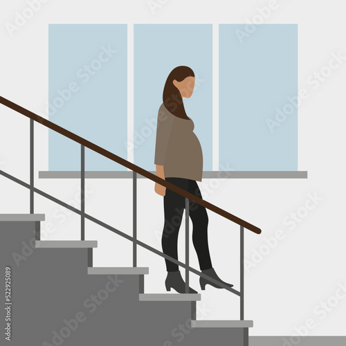 Pregnant female character descends the stairs against the backdrop of a wall with a window