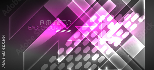 Background wallpaper neon glowing lines and geometric shapes. Dark wallpaper for concept of AI technology, blockchain, communication, 5G, science, business and technology