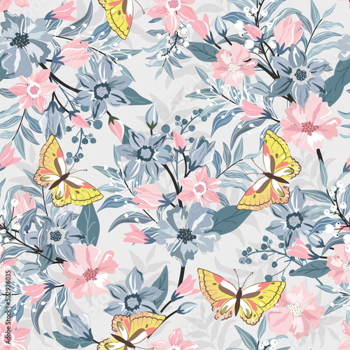 Pink and blue floral and butterfly seamless pattern © nalinee