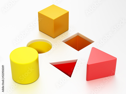Shape sorter puzzle toy with square, circle and triangle shapes. 3D illustration photo