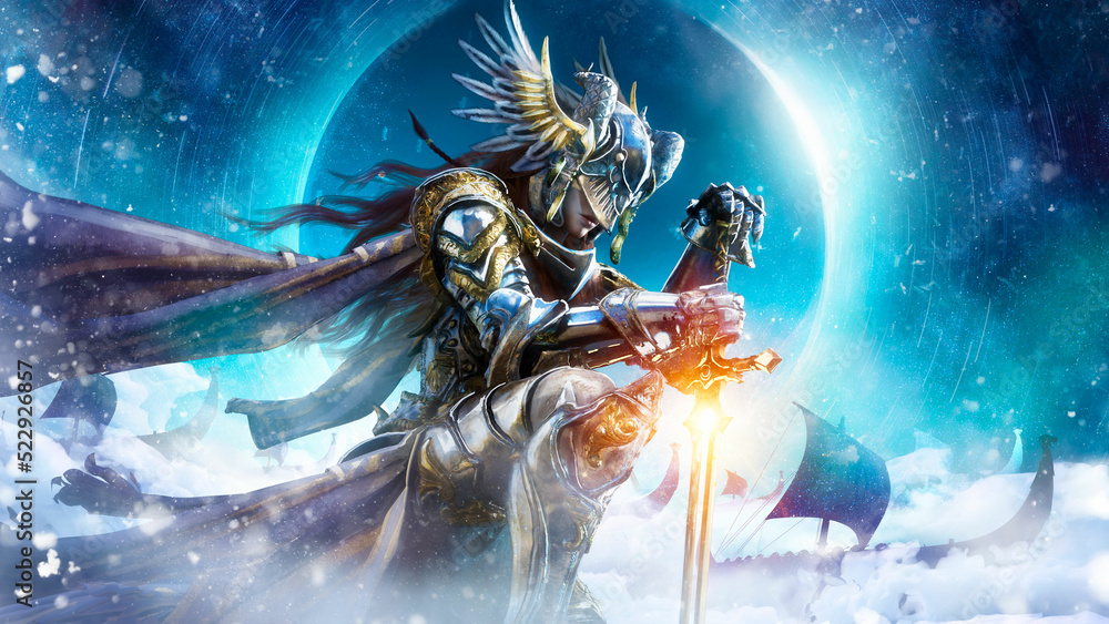 Naklejka premium A beautiful valkyrie woman in golden golden shining armor dramatically leans on her sword in heavenly harbor against the background of a cold eclipse, she accompanies ships to Valhalla. 3d rendering