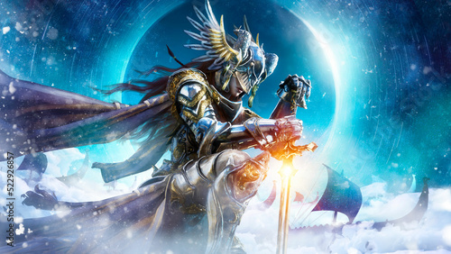 A beautiful valkyrie woman in golden golden shining armor dramatically leans on her sword in heavenly harbor against the background of a cold eclipse, she accompanies ships to Valhalla. 3d rendering