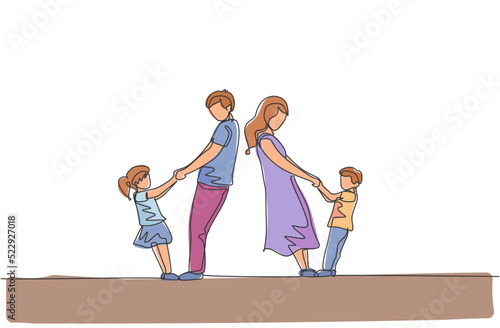 Single continuous line drawing of young mother and daughter holding their son and daughter hand while dancing together at home. Happy family parenting concept. One line draw design vector illustration