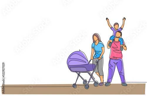 One continuous line drawing of young mom pushing baby stroller at park while dad carrying his son on shoulder. Happy family parenting concept. Dynamic single line draw design vector illustration