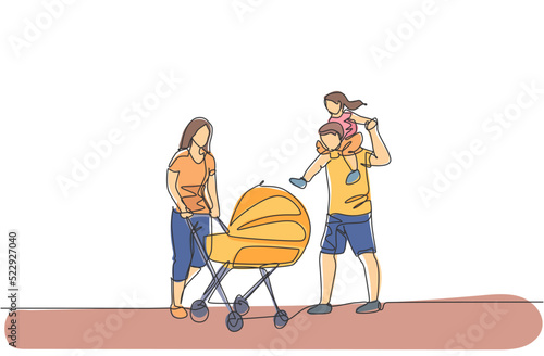 One continuous line drawing of young mother pushing baby stroller at park while father carrying his son on shoulder. Happy family parenting concept. Dynamic single line draw design vector illustration