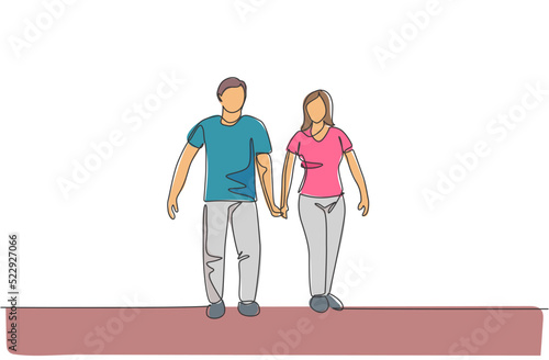One single line drawing of young couple wife and husband walking together while holding hand at park vector illustration. Happy family parenting concept. Modern continuous line draw design