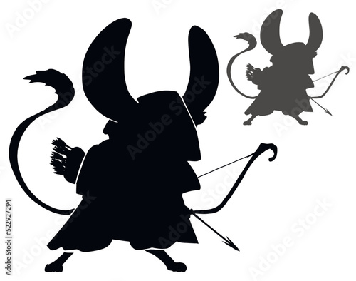 A black silhouette of an archer mouse or jerboa with a tassel on its tail, huge protruding ears and a small bow with curls and an embedded arrow. 2d vector art