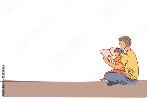 One continuous line drawing of young dad sitting on floor and reading story book to his daughter at home. Happy family parenthood concept. Dynamic single line graphic draw design vector illustration