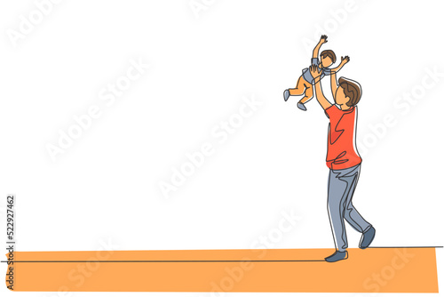 Single continuous line drawing of young dad playing raise his daughter up into the sky at home. Happy family parenting concept. Trendy one line draw design vector graphic illustration