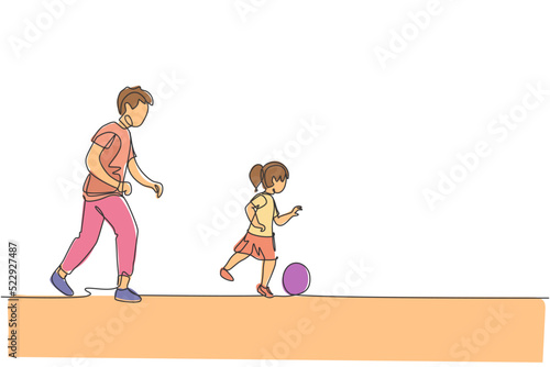 One single line drawing of young dad running and playing football soccer with his daughter at public field park vector illustration. Happy family parenting concept. Modern continuous line draw design