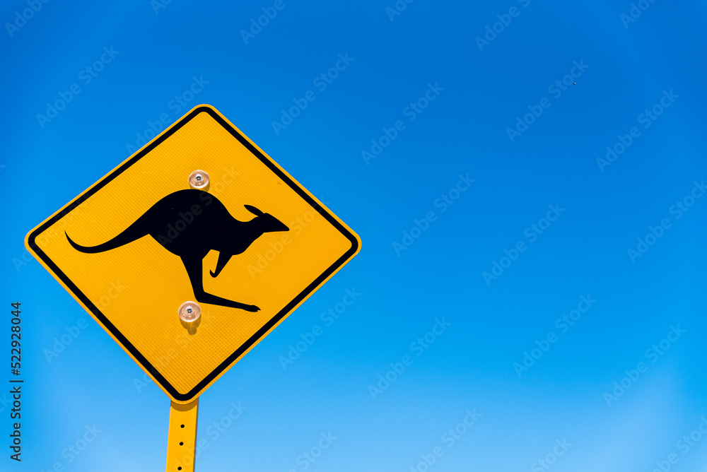 Kangaroo road sign in Australia. Iconic yellow sign on blue sky background with copy space Kangaroo road sign in Australia. Iconic yellow sign on blue sky background with copy space
