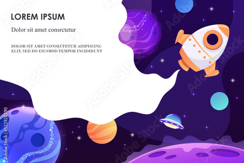 Horizontal space background with abstract shape and planets. Web design. Space exploring. Vector illustration. Template for presentation, banner, flyer. Spaceship