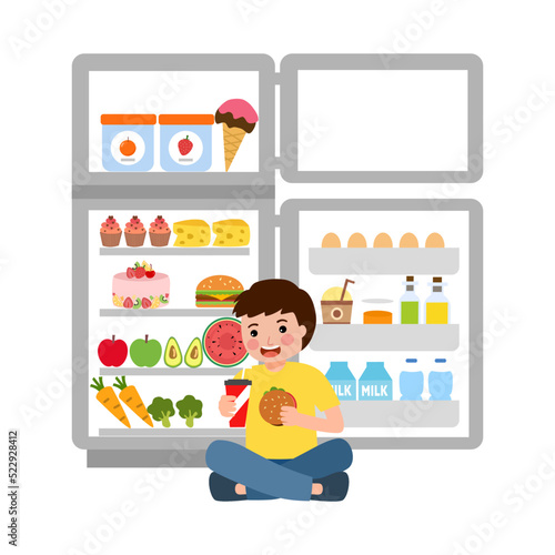 Hungry child eating food with opening refrigerator in flat design on white background.