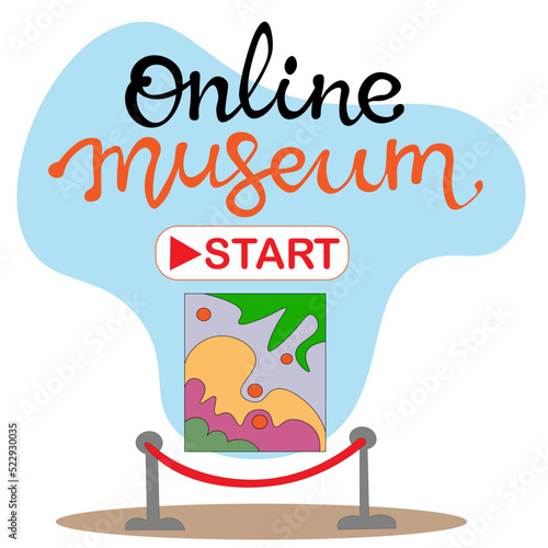 Virtual museum online. The concept of the vector of web tourism. visit an online museum, gallery, and see paintings. Interactive museum exhibition and start button. Online Tours. Vector flat concept
